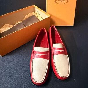 Tod's Vibrant Red and Cream Women's Loafers